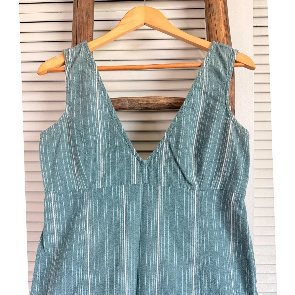 O'Neill Teal Striped Cotton V-Neck Empire Waist Mini Dress Green White Large
